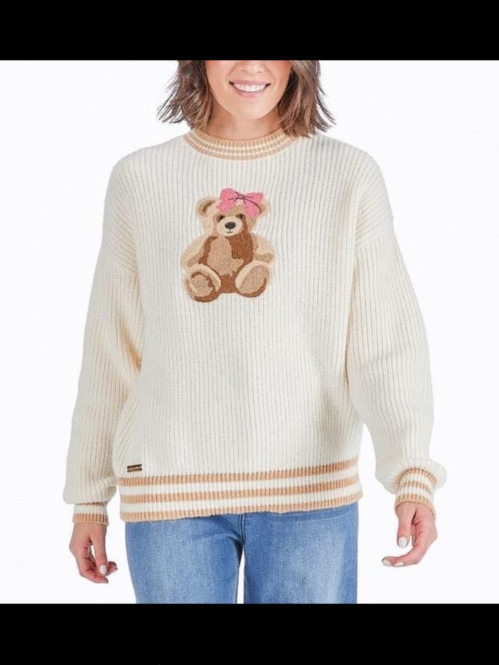 Simply Southern Cream Teddy Knit Sweater with Pink Bow